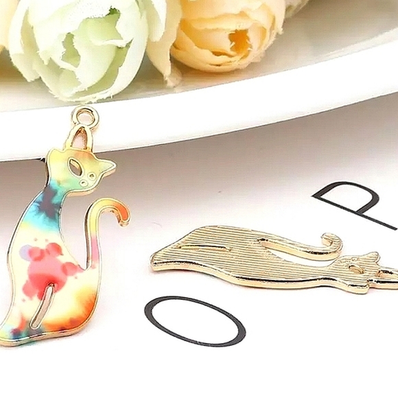 5 handmade pair of enamel colorful cat charm earrings with gold hooks. - Picture 5 of 6